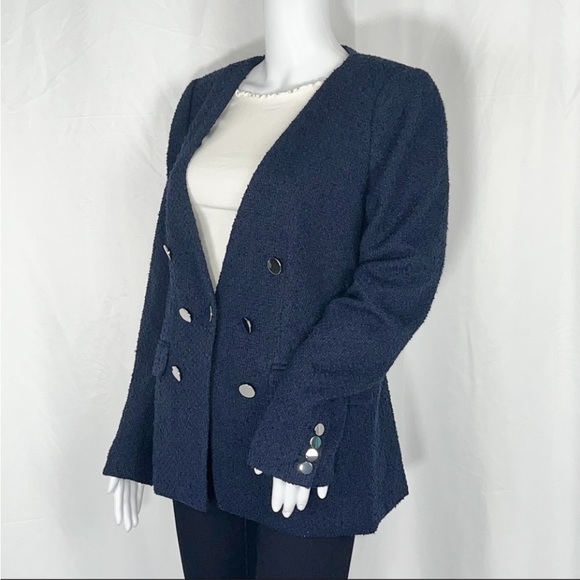 CalvinKlein Navy Long Sleeves Tweed-Like Buttons Blazer Jacket Sz12 Flap Pockets - Picture 3 of 16